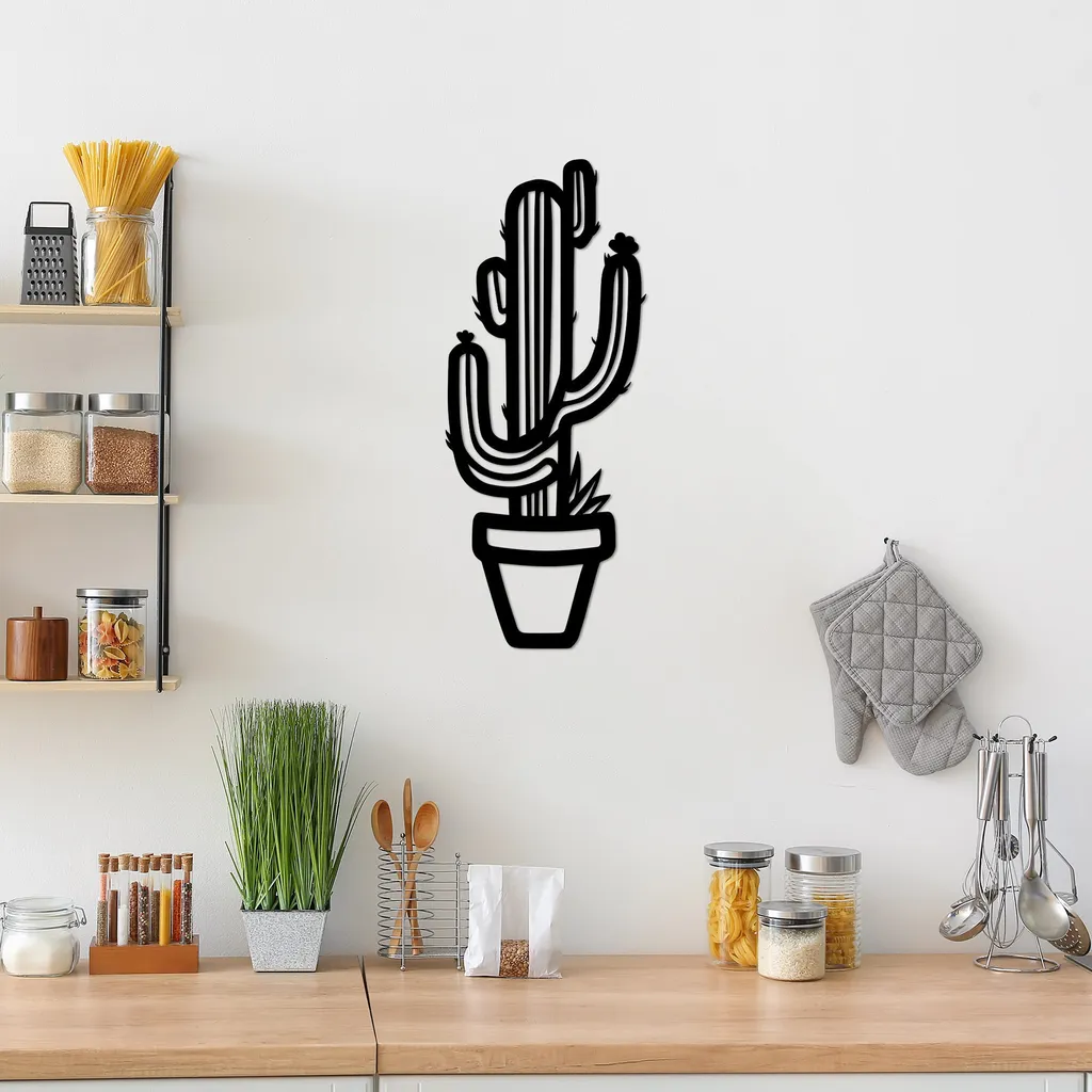 Wallity Cactus SKL2510 Nero - Decorazione Parete Metallo 29x70 cm - 1