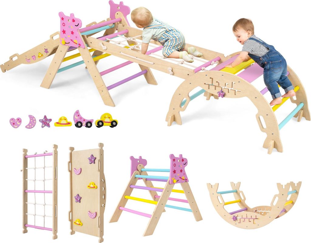 A collage of images showing a children's indoor climbing set and its various components, with children playing on some of the pieces.