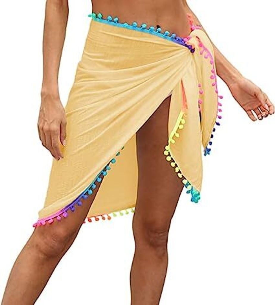 Damen Strand Sarong š¹berzug Strandmode R?cke Sommerferien Wickelkleid Badeanzug š¹berzš¹ge mit Quaste Gelb