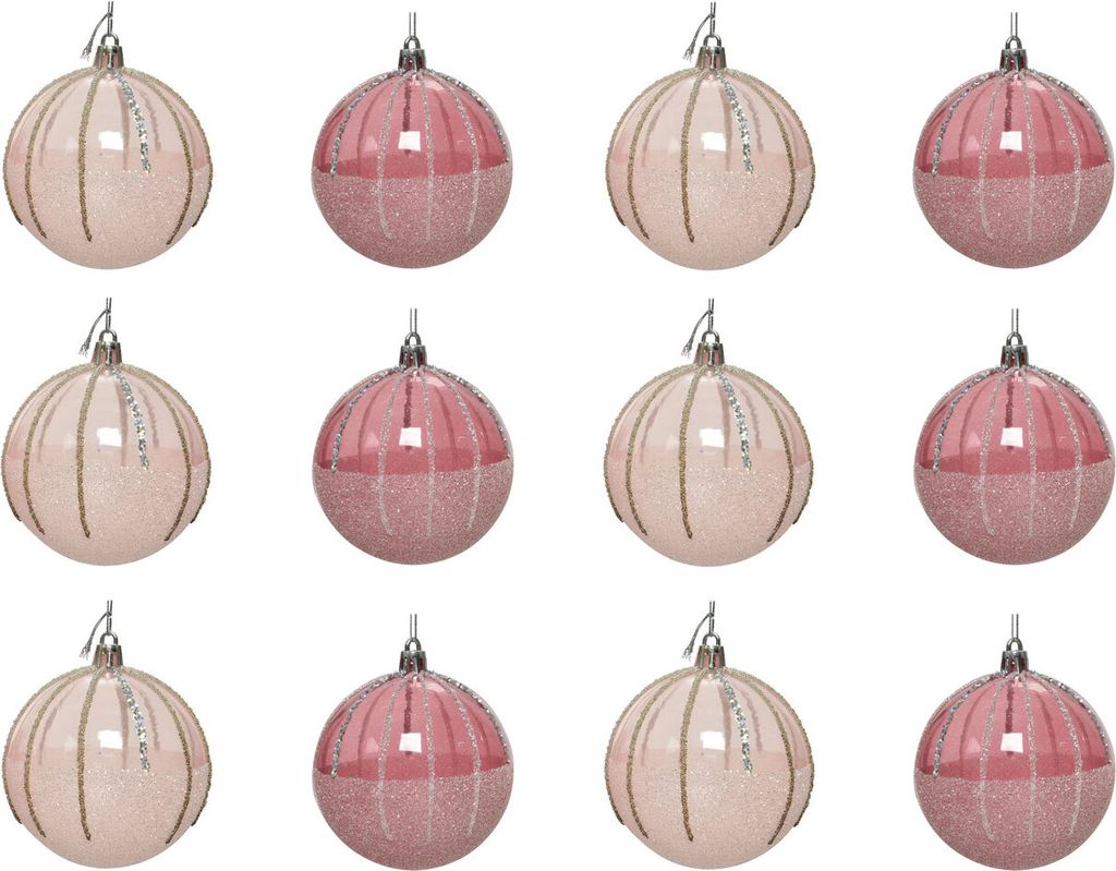 Weihnachtskugeln Kunststoff mit Muster 10cm rosa Mix, 12er Set