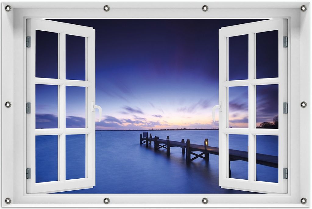 Wallario Outdoor-Poster für Garten oder Balkon 100 x 150 cm: Steg bei Abenddämmerung - Blauer Himmel bei Nacht
