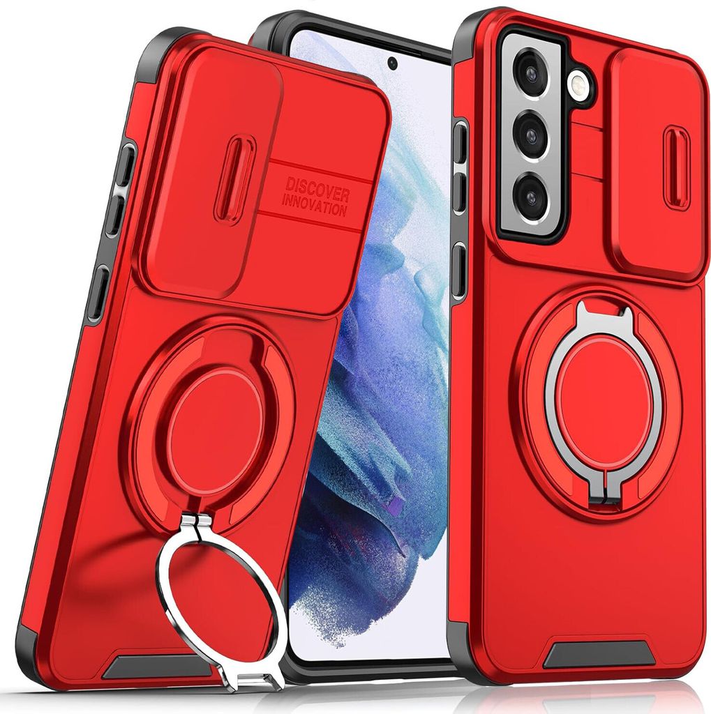 Handyhülle für Samsung Galaxy S21 5G Dual-Layer Stoßfest Militär Hülle mit Dia Kameraschutz und Magnetisch Ring Ständer Rot