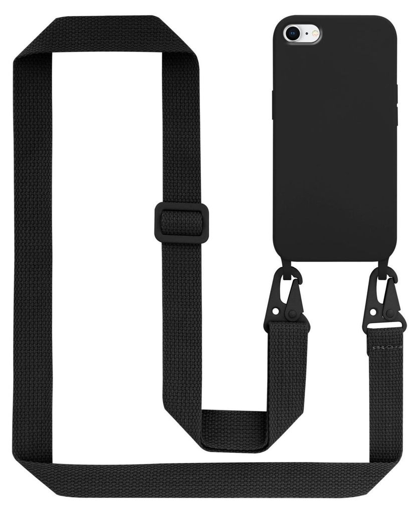 A black phone case with a black lanyard attached, shown against a white background.