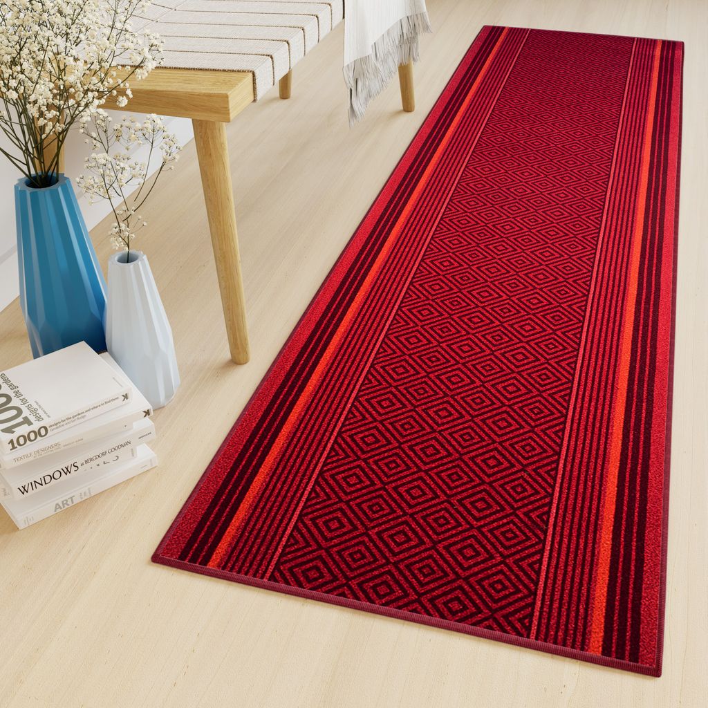 Läufer Teppich Meterware Flur Wohnzimmer Schlafzimmer Kurzflor Modern Design Rutschfest Rot 67 x 130