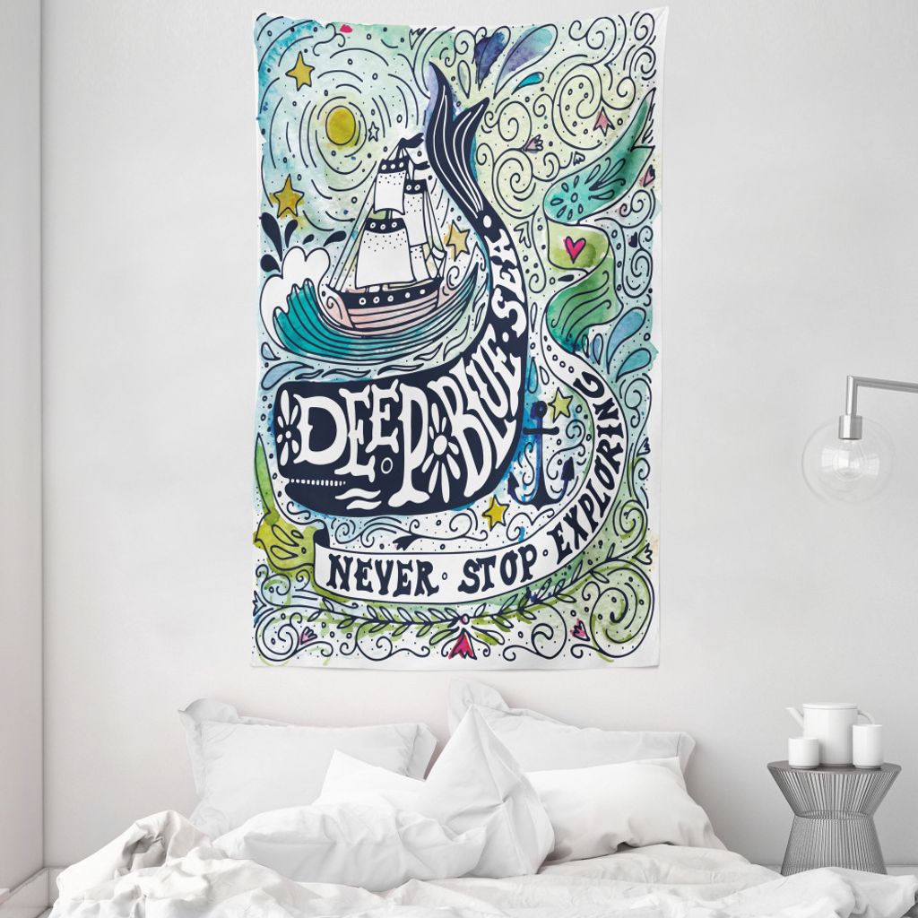 ABAKUHAUS Tier Wandteppich und Tagesdecke, Wale Insel mit Palm aus Weiches Mikrofaser Stoff Waschbar ohne Verblassen Digitaldruck, 140 x 230 cm, Bl...