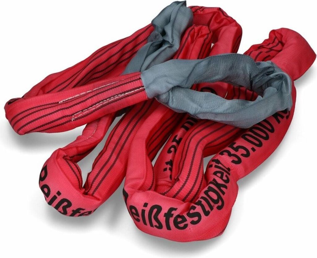 A pile of red and gray lifting slings.