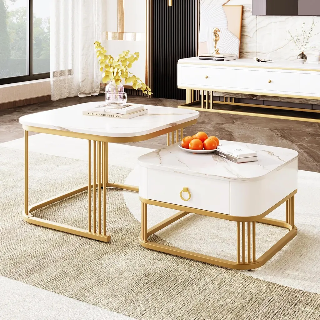 Petite Table Basse Gigogne pour Petit Salon : Pack Duo Blanc et Or