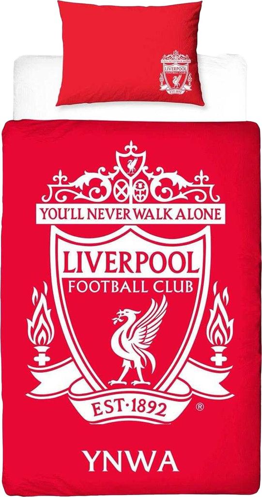 A red duvet cover and pillowcase set with the Liverpool FC crest and motto printed in white.