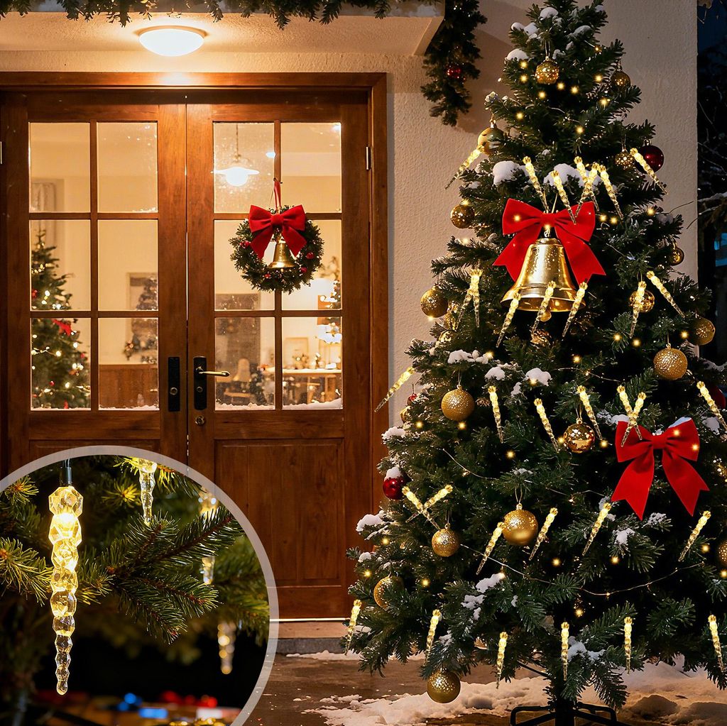 LED Lichterkette Weihnachtsbaum Lichterkette mit Warm+Kaltweiß funkelnden Eiszapfen 11 Modi/ 2m 8 Girlanden für 150cm - 240cm Tannenbaum