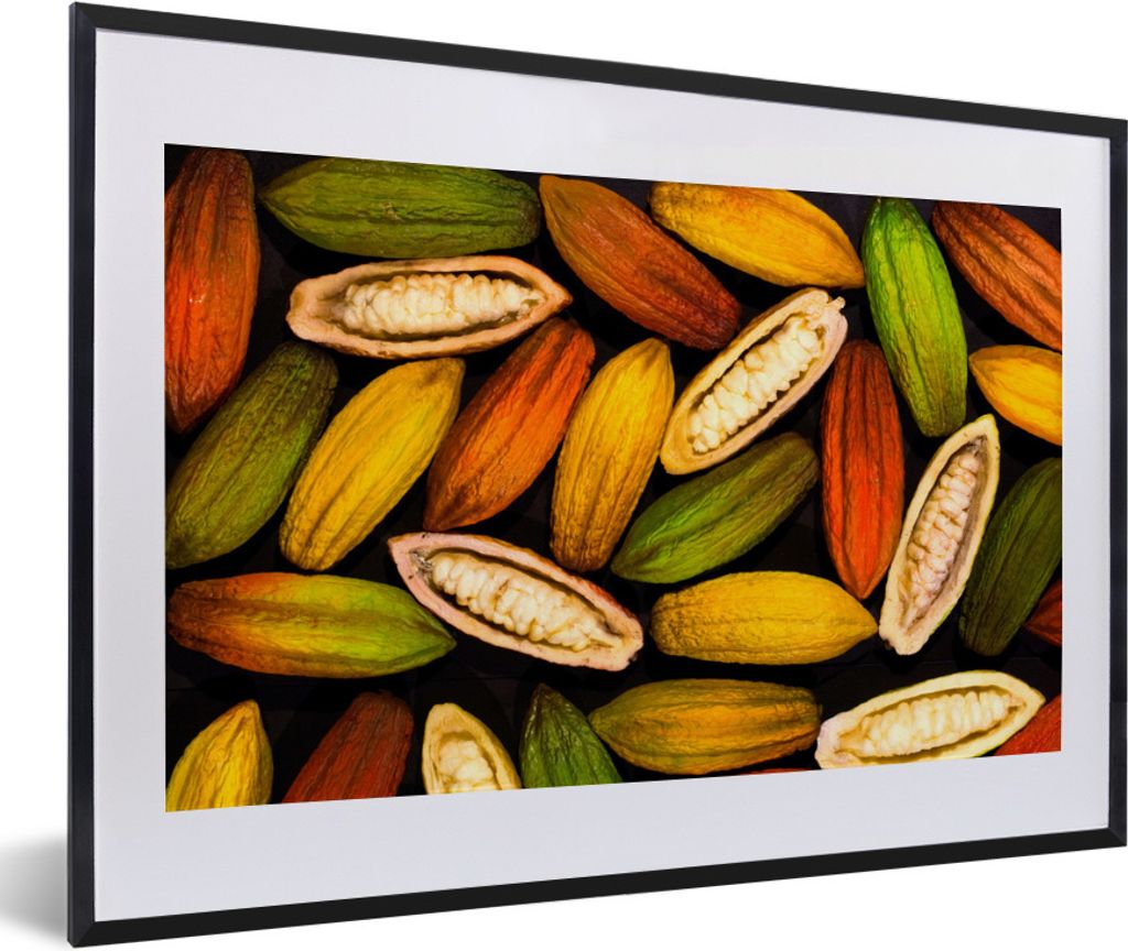 MuchoWow Gerahmtes Poster Offene und geschlossene Schoten von Kakaobohnen 60x40 cm - Poster mit Schwarzem Bilderrahmen Wandposter Rahmen Foto Bil...