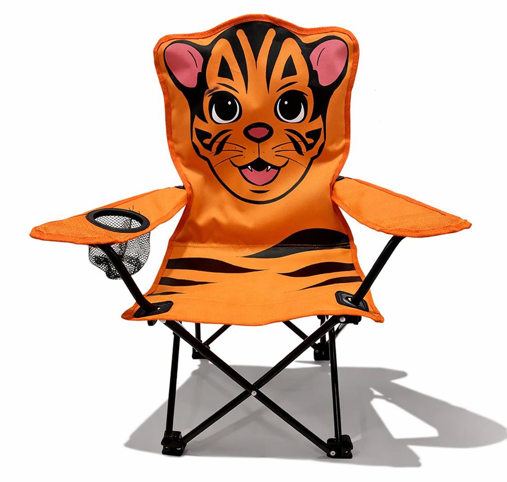 Kinder Anglersessel Orange mit Getränkehalter und Tasche Motiv Tiger