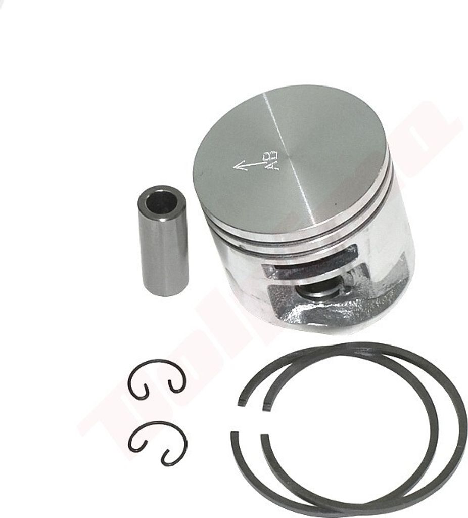 A piston, piston pin, and piston rings are laid out on a white background.