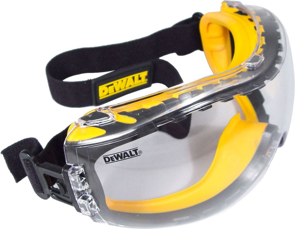 A pair of safety goggles on a white background.
