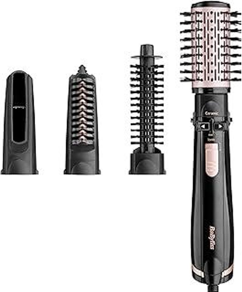 BaByliss Dry, Straighten and Style - Rotierende Warmluftbürste, 1000W Ionen Rundbürstenföhn mit 4 Aufsätzen zum Föhnen, Glätten, Volumen krei...