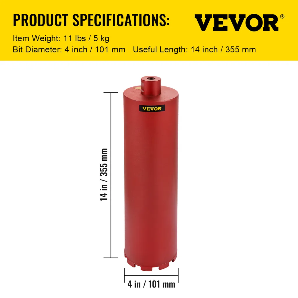 VEVOR carotatrice diamantata a secco diametro 101 mm, carotatrice diamantata lunghezza totale 400 mm, carotatrice professionale diamantata e in lega di alluminio lunghezza di lavoro 355 mm, carotatrice e trapano manuale - 7