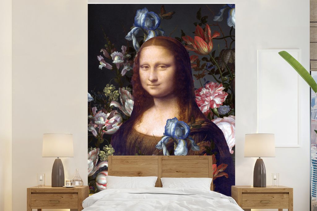 MuchoWow Fototapete für Wohnzimmer oder Schlafzimmer Wandtapete Vinyl Motivtapete Mona Lisa - Leonardo da Vinci - Blumen - 200x300 cm - Wanddeko...