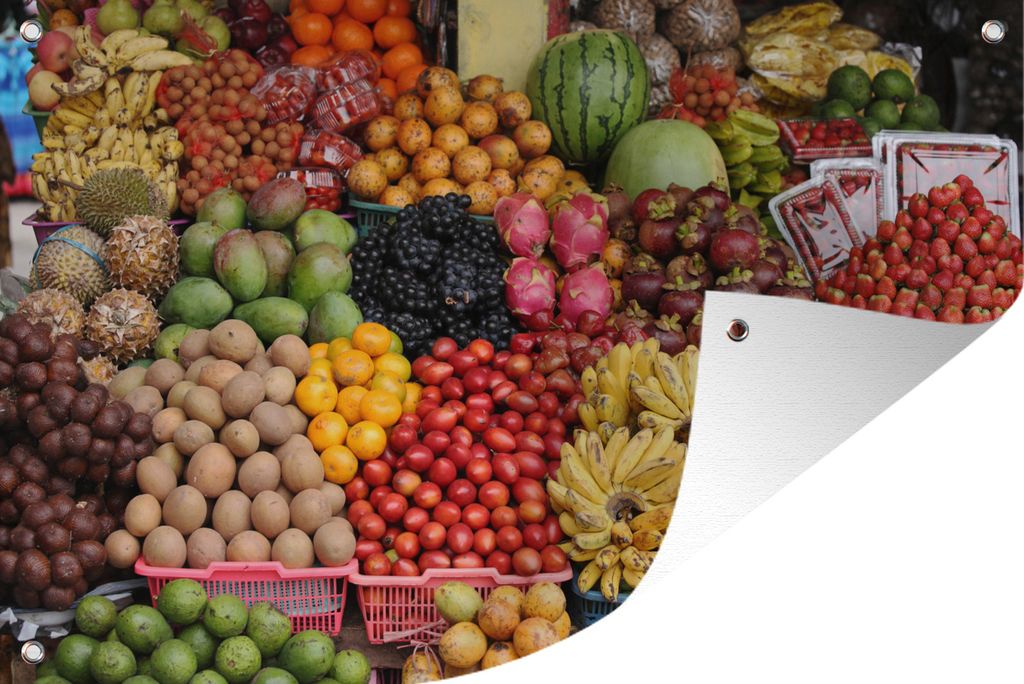 MuchoWow 90x60 cm Outdoor-Poster Gartendeko Sichtschutz Garten Poster für den Garten Obst - Kiste - Tropisch - Indonesien