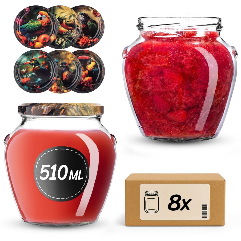 KADAX Einmachgläser 510 ml mit Schraubdeckel fi82mm, Schraubgläser mit Deckel, Honiggläser, Sturzgläser zum Einkochen (Exotische Vögel, 8 Stück)