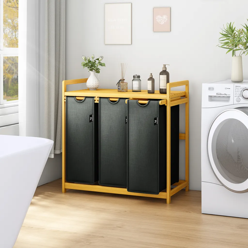 AdelDream Panier à Linge 150L en Bambou Gris avec 3 Compartiments - 8