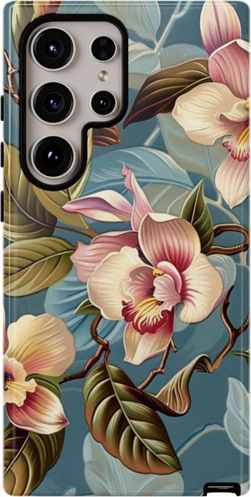 Orchideen-Blumenmuster auf blauem Hintergrund – Hülle Kompatibel mit Samsung Galaxy S24 Ultra