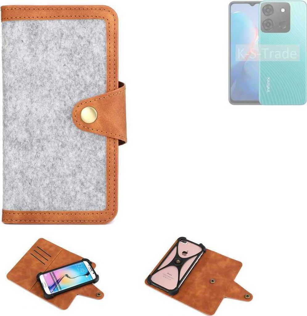 K-S-Trade Handyhülle kompatibel mit Infinix Smart 7 (X6517) Schutzhülle Filz-Hülle Kunst-Leder hellgrau braun (1x)
