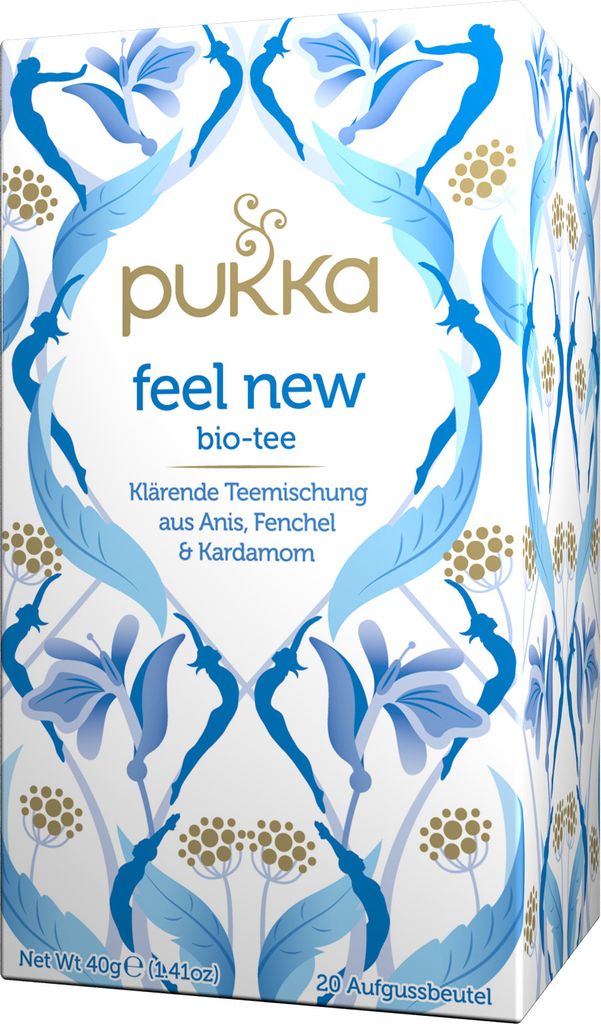 A box of Pukka Feel New bio-tea with floral and leaf patterns.