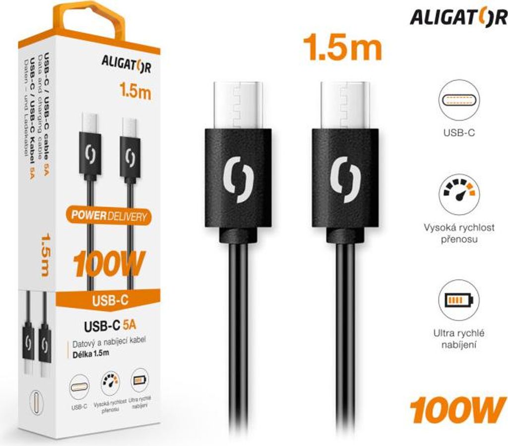 Datenkabel ALIGATOR POWER 100W, USB-C/USB-C 5A, 1,5m schwarz