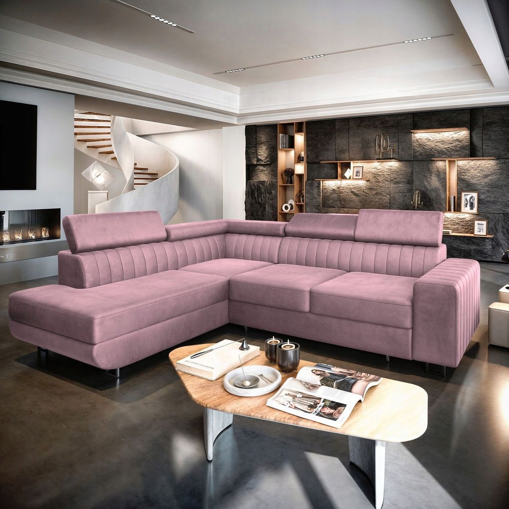 A pink sectional sofa in a modern living room with a spiral staircase and a fireplace.
