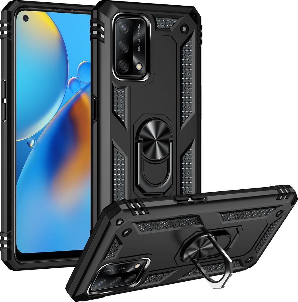 OPPO A74 4G / F19 Hülle, Dual Layer Militäre Fallschutz Schutzhülle mit Ringhalterung Ständer für OPPO A74 4G / F19 Schwarz
