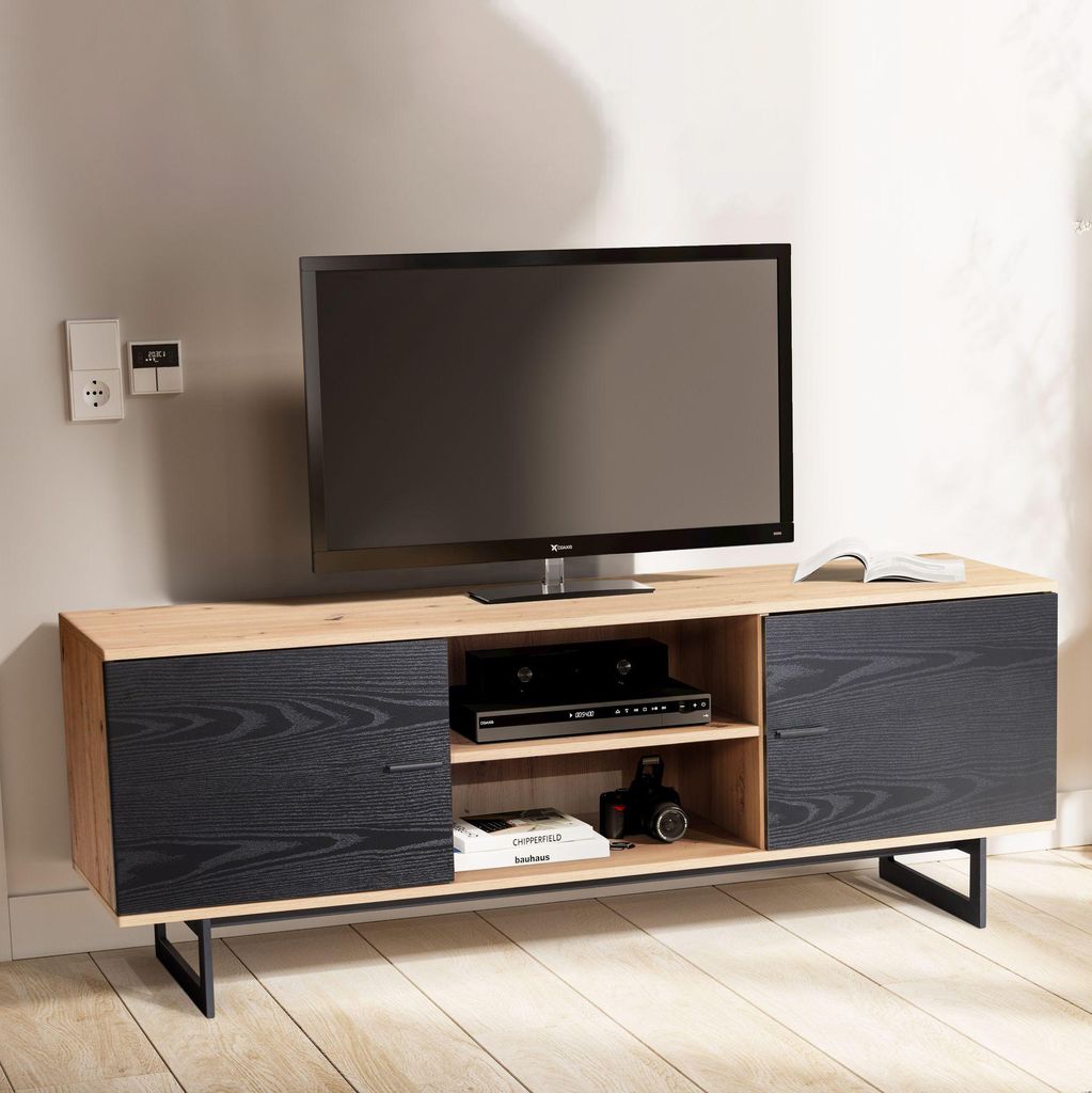 WOHNLING Lowboard Eiche-Nachbildung Schwarz 150x55x40 cm TV-Kommode Modern TV-Schrank Hoch Fernsehtisch Fernsehschrank mit zwei Türen Fernsehkommode