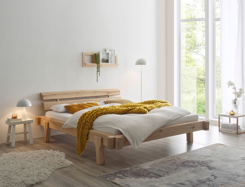 Massivholzbett >INGER< Balkenbett, Eiche massiv, Liegefl. 180x200 - Stellmaß 208x83x234 cm (B/H/T)