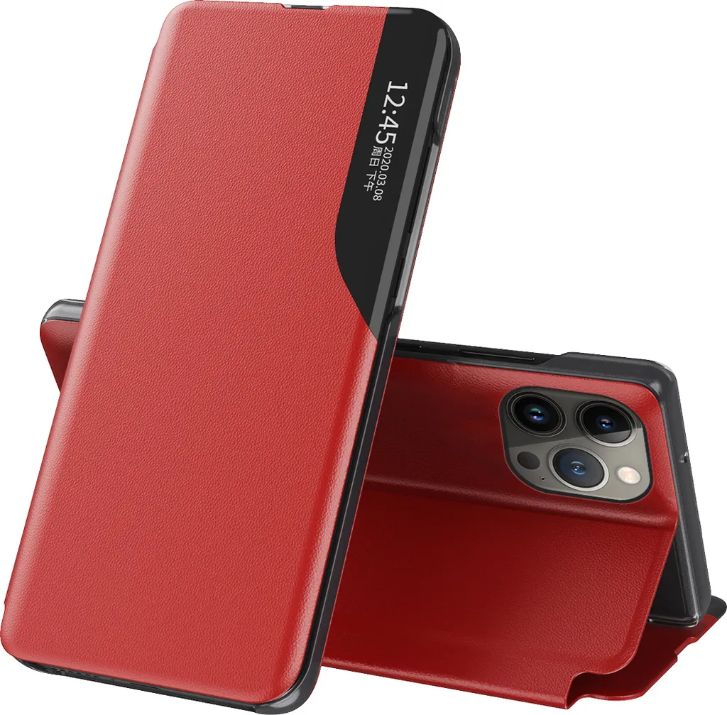 Custodia flip per iPhone 15 Pro, custodia in Finto cuoio con finestra e funzione stand rosso