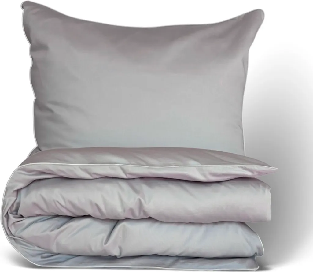 Parure de lit en satin de coton gris clair 160x200 avec passepoil chic