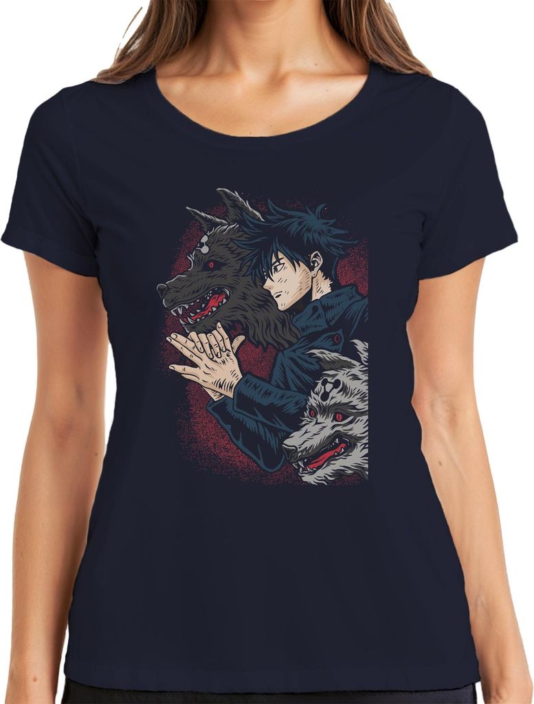 Wolfsbeschwörer Anime Shikigami Dämonenwolf düster Geschenk Damen T-Shirt, Navy, M