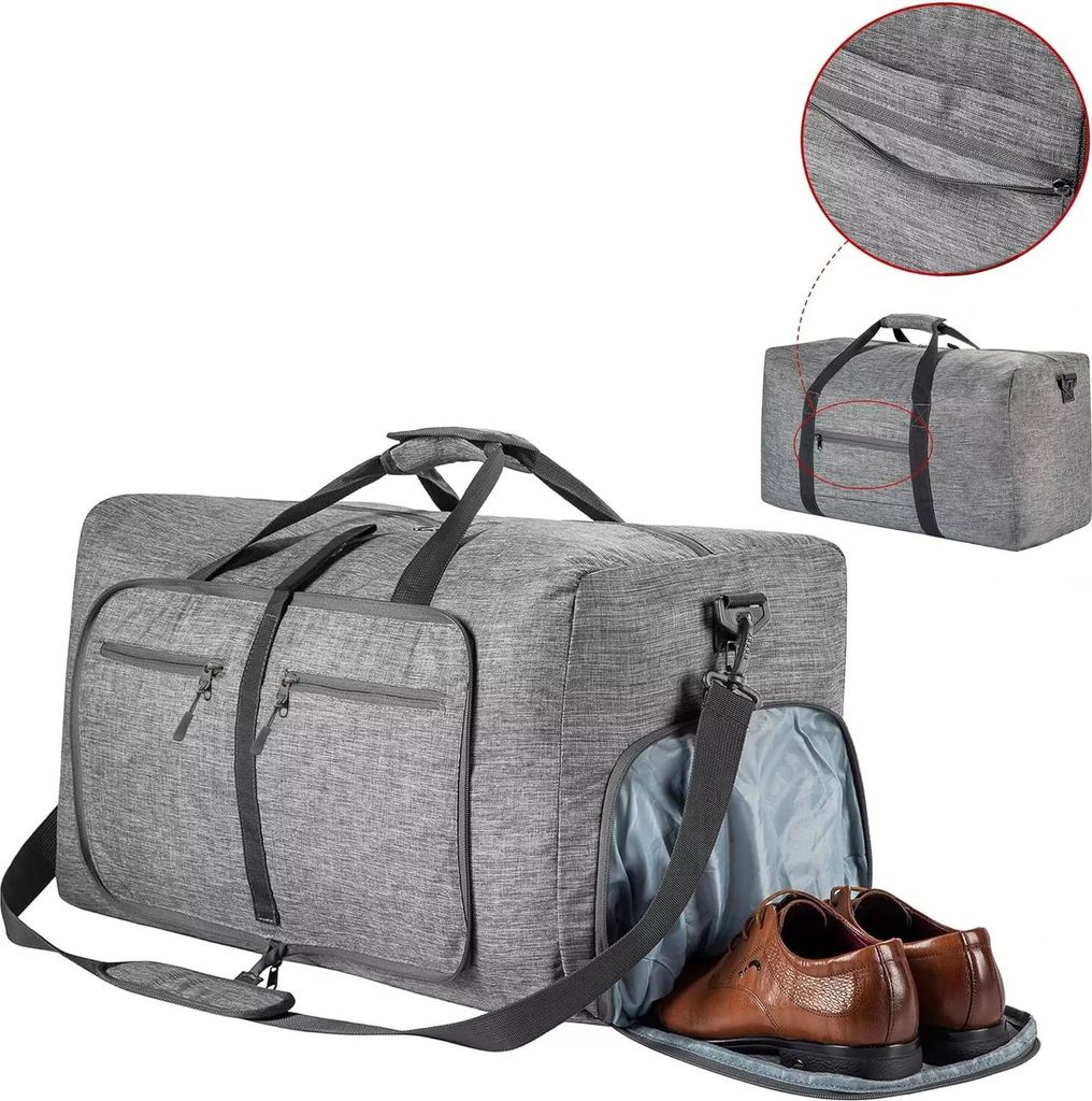 OKWISH Reisetaschen mit 65L Faltbare in Grau mit Schuhfach – Handgepäck Funktion, für Reisen und Ausflüge