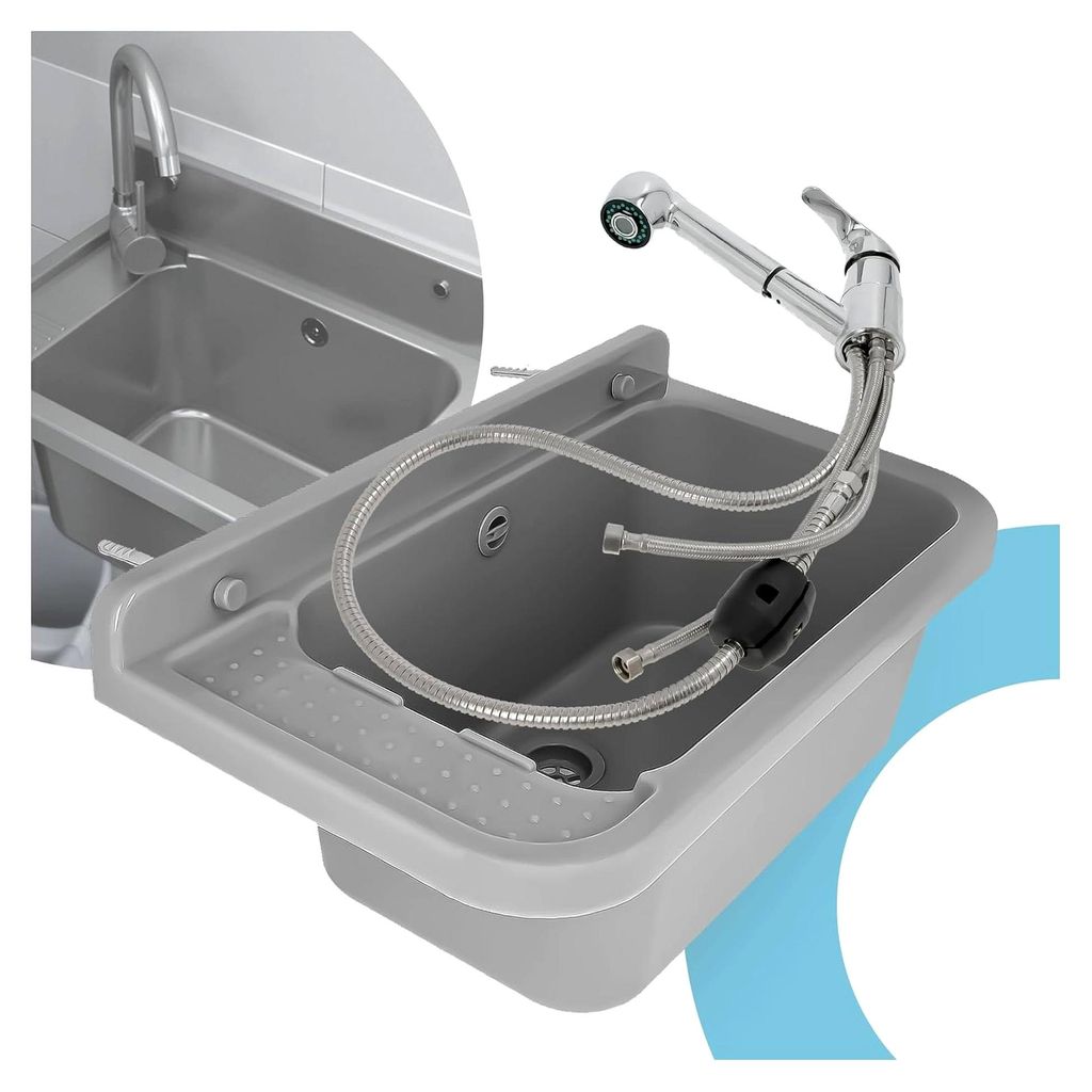 Ausgussbecken 50 x 34 cm Grau mit Regal und Spültischmischer mit Ausziehbrause für Garten, Garage, Keller und Waschküche