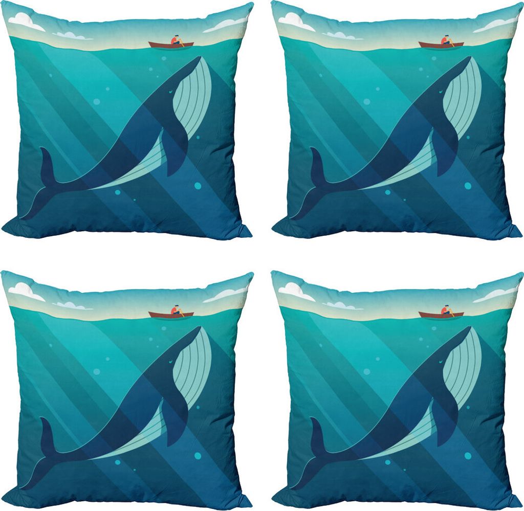 ABAKUHAUS Wal Kissenbezug Set (4 Stück), Sailor Wal mit Strahlen, Moderner Doppelseitiger Digitaldruck, 50 cm x 50 cm, Blau und weiß