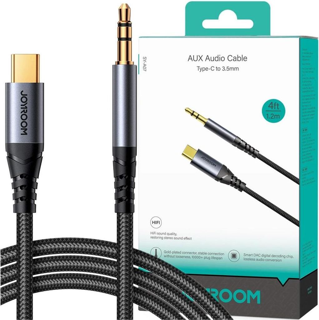 A product image showing a Joyroom USB-C to 3.5mm AUX audio cable and its packaging.