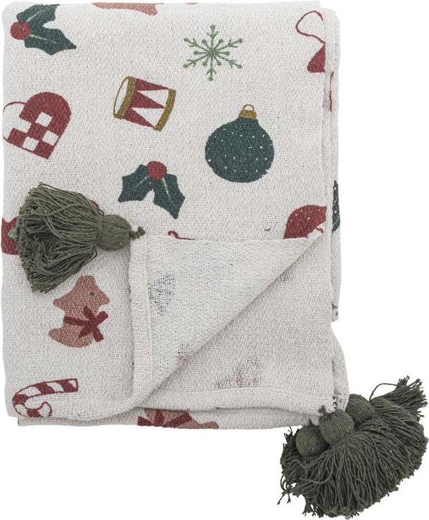 Bloomingville Decke YULE Natur Weihnachtsmotiv Quasten Grün 160x130 cm Wolldecke