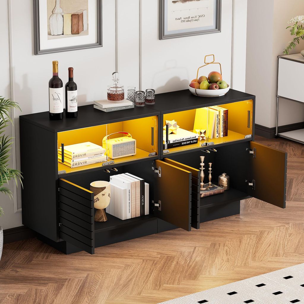 Fortuna Lai 130*35*68cm Sideboard mit 2 Kabinett, 4 Fächern, Glastüren, Breite 130 cm, Beistellschrank mit LED-Licht, Wohnraumschrank mit viel St...