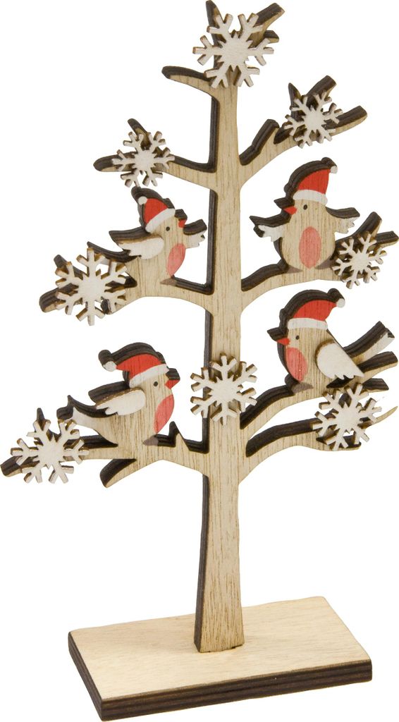 Verschneiter Baum mit Weihnachts-Vögeln Christbaumschmuck braun-weiß-rot 18 x 11