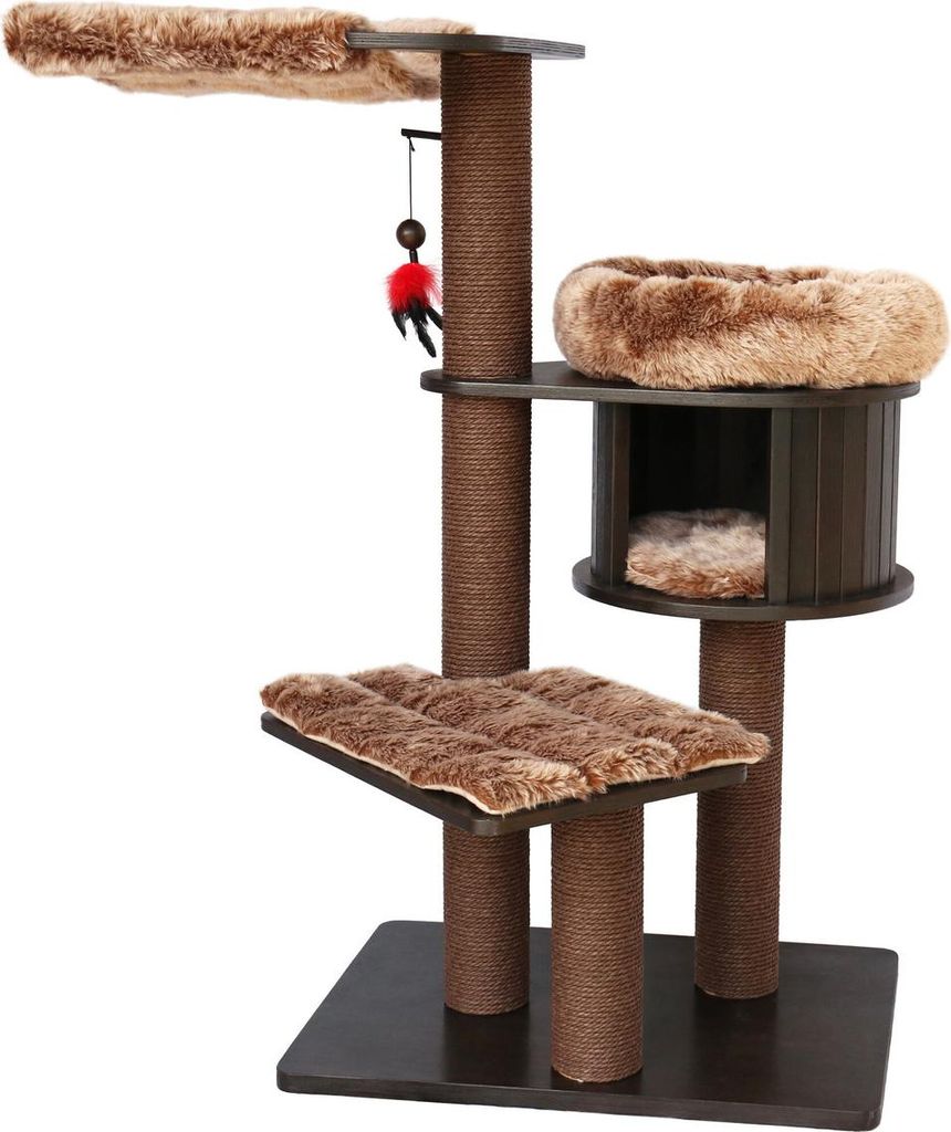 Kratzbaum Raisa 2 mit 3 Kratzstämmen, Schutzhütte, Hängematte und Relax-Korb, 106x87,5x130 cm