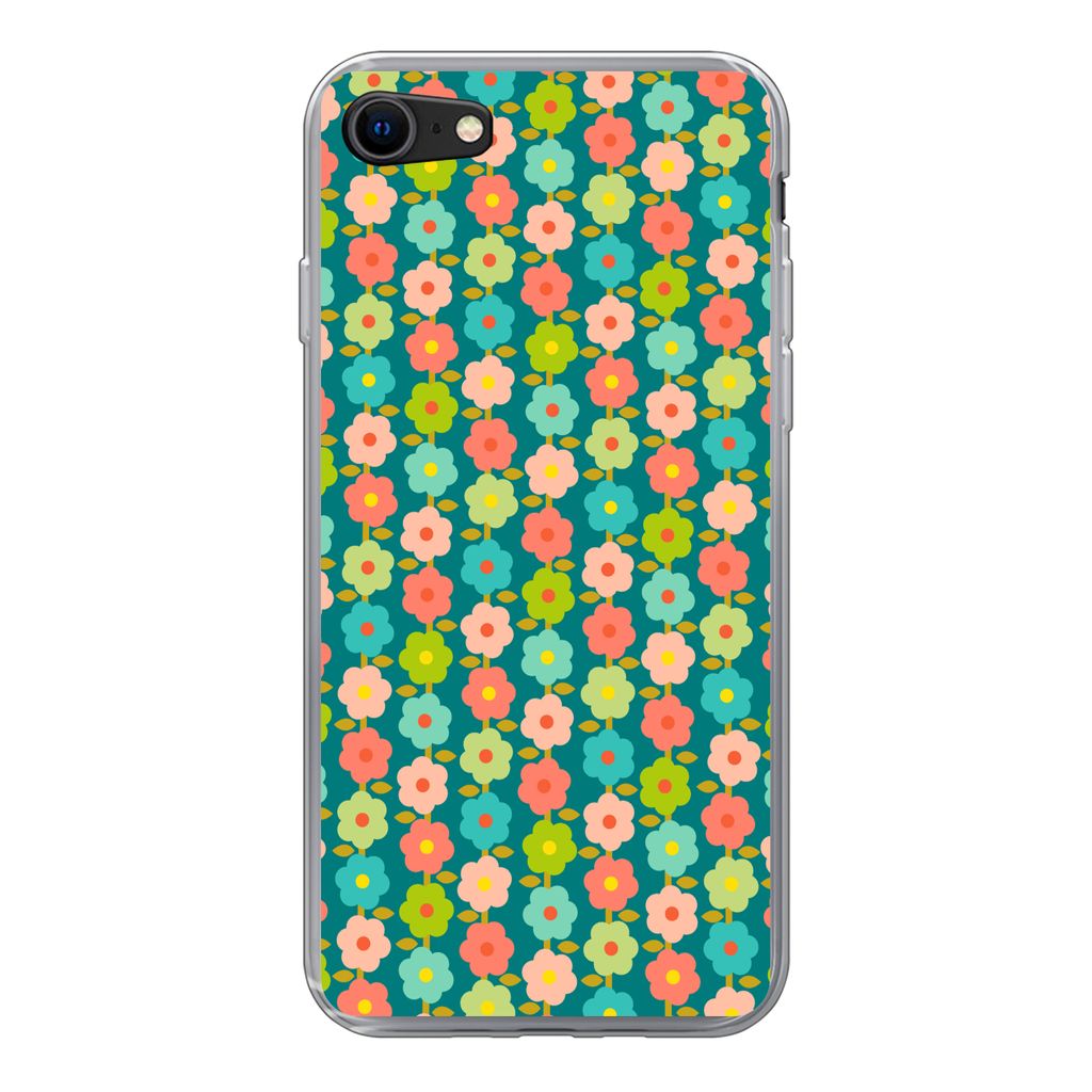 MuchoWow Handyhülle Schutzhülle Hülle für iPhone SE 2022 Muster - Blumen - Retro - 1970er Jahre Silikon Softcase Handy Hülle - Schutzhülle