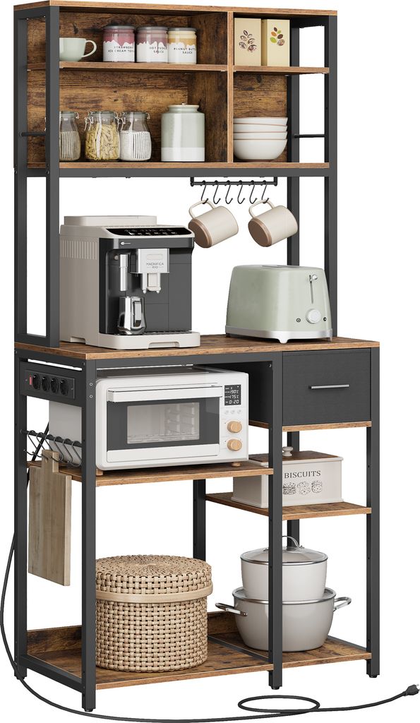 A kitchen baker's rack with various kitchen appliances and containers.
