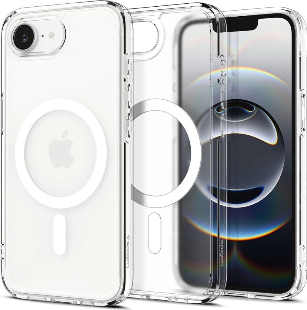 A clear phone case with a MagSafe ring and an Apple logo is shown next to an iPhone.