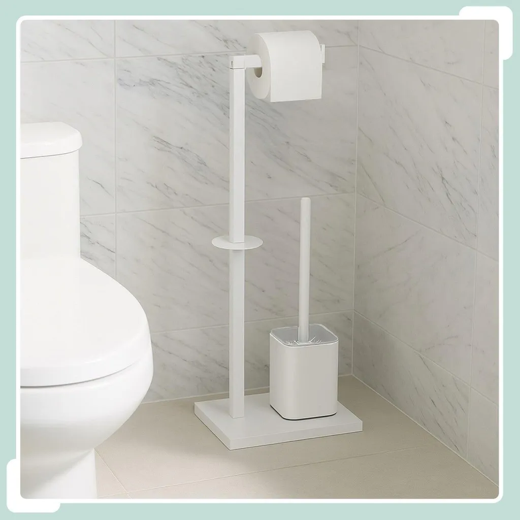 Piantana Bagno Design Moderno - Portarotolo e Scopino Metallo Nero
