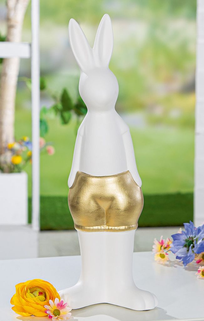 Gilde Figur, Hase, "Lukas", Keramik, weiß, goldfarben, VE 2, L. 10 cm, B. 14 cm, H. 39 cm 55439 4063387554395
