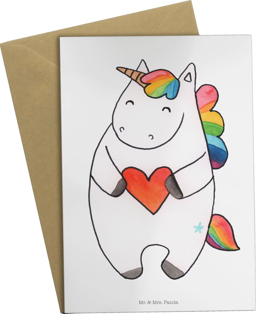 Mr. & Mrs. Panda Klappkarte Einhorn Herz - Weiß - Geschenk, Unicorn, weihnachtskarten, Grußkarte, hochzeitskarten, Anders, dankeskarten, Glückwu...