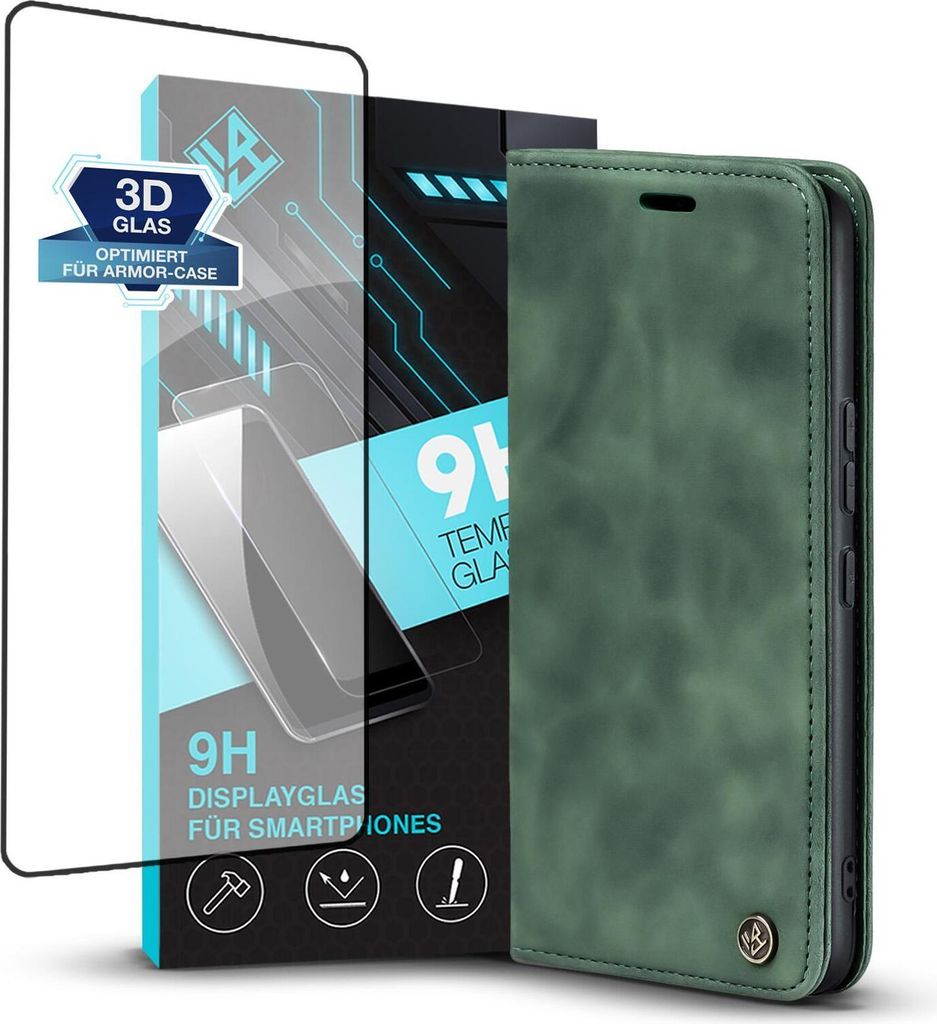 Handy Hülle für Xiaomi 12 Pro mit 9H Displayglas Klapphülle Bookcase Flip Cover Handy Tasche Etui Farbe: Grün