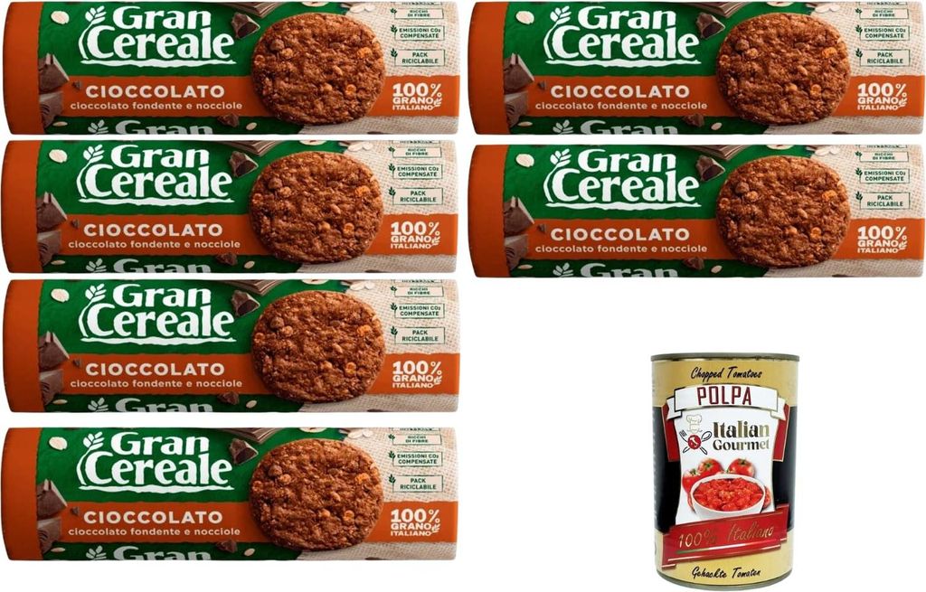Italian Gourmet bundle für 6x 230g Gran Cereale Kekse mit dunkler Schokolade & Haselnüssen zum Frühstück + Italian Gourmet Polpa